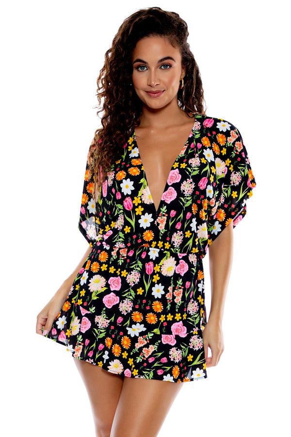 luli fama LULI'S SECRET GARDEN - Playera V Neck Ruffle Dress • Multicolor – Luli Fama