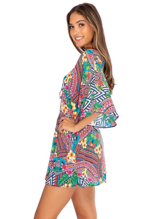 Luli Fama Luli Tribe - Multicolor Laced-Up Short Dress - V-Neck – Luli Fama