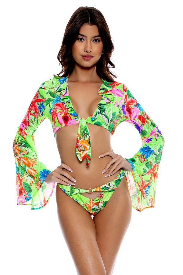luli fama LULI TROPICS - Bell Sleeve Crop Top & High Leg Peek A Boo Ring Bottom – Luli Fama