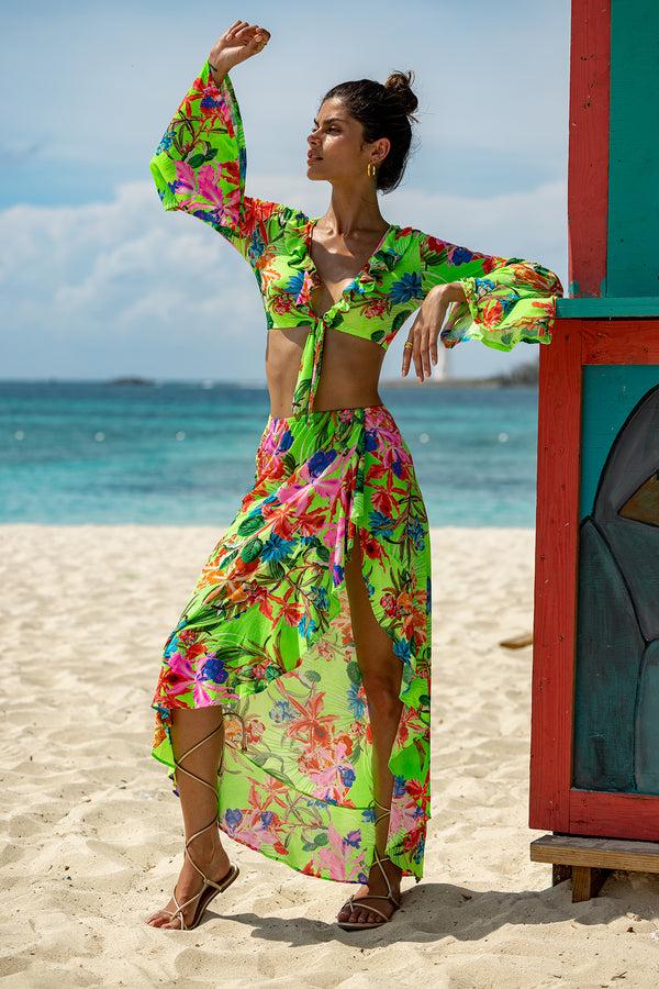 Luli Fama LULI TROPICS - Bell Sleeve Crop Top & Ruffled High-lo Slit Skirt • Mul – Luli Fama