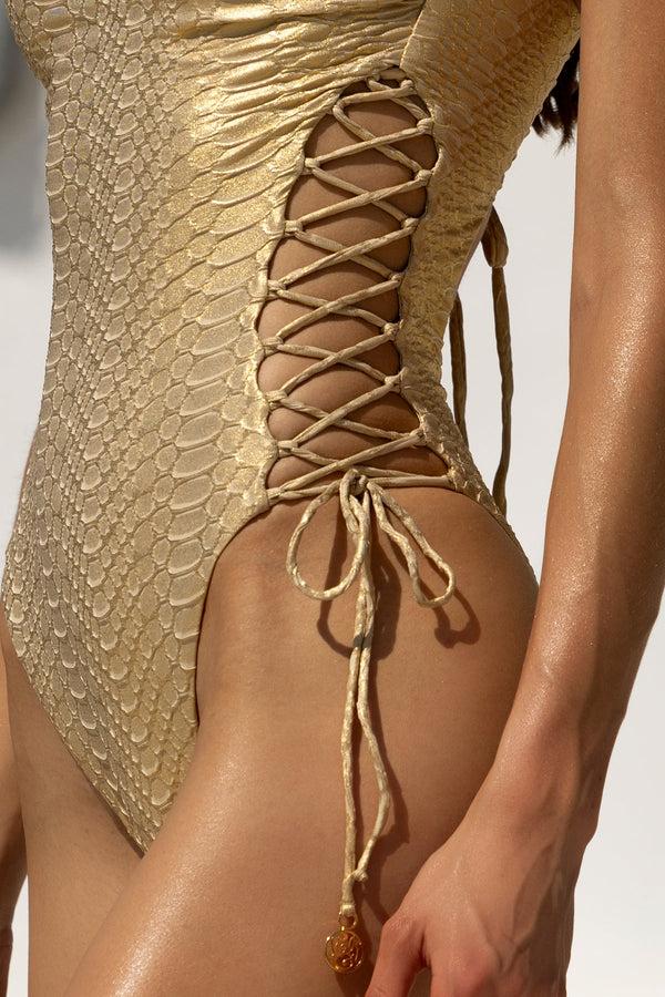 Luli Fama MEDUSA - Square Neck Laced Up One Piece • Gold – Luli Fama