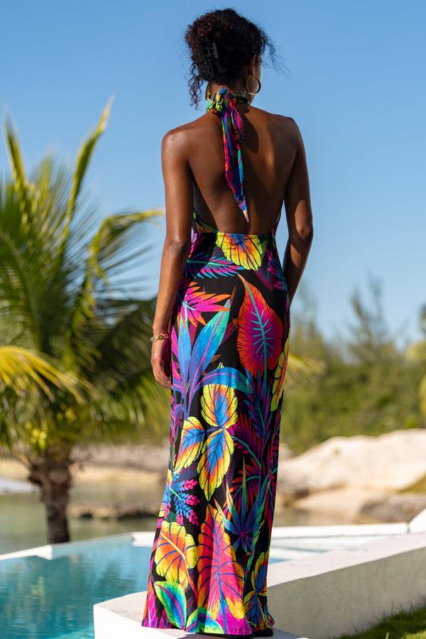 Luli Fama NEON NIGHTS - Halter Neck Cut Out Long Dress • Multicolor – Luli Fama