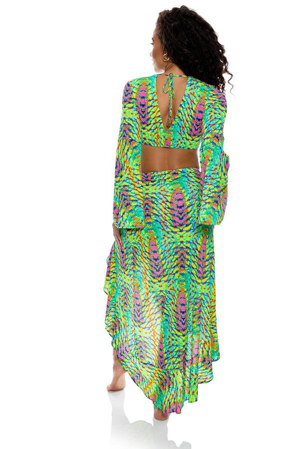 Luli Fama OASIS BABE - Bell Sleeve Crop Top & Ruffle High Lo Slit Skirt • Multi – Luli Fama