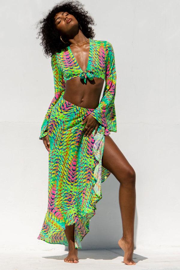 luli fama OASIS BABE - Bell Sleeve Crop Top & Ruffle High Lo Slit Skirt • Multi – Luli Fama