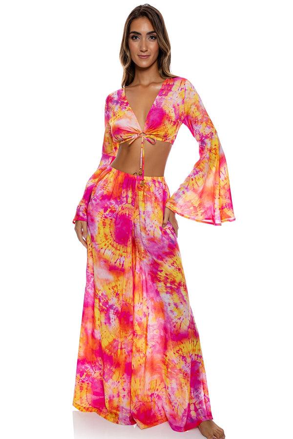 luli fama RETRO DREAM - Bell Sleeve Crop Top & Open Sides Wide Leg Pant • Multi – Luli Fama