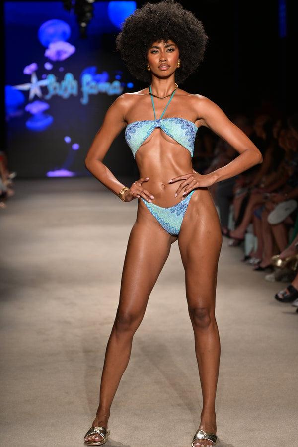luli fama SEVEN SEAS - Knotted Halter Bandeau Top & Brazilian Bottom • Multi Blu – Luli Fama