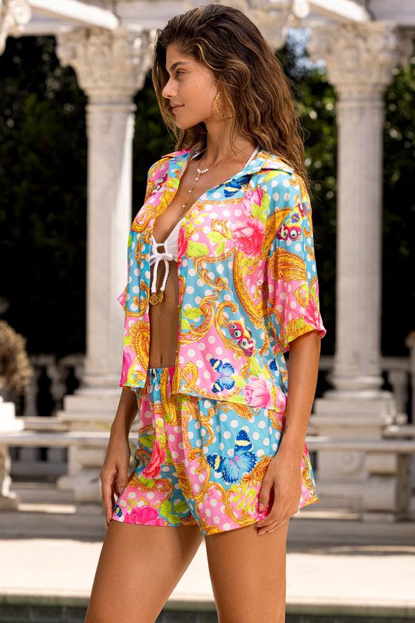 Luli Fama SHE'S CUTE - Collared 3/4 Sleeve Button Up Shirt & Elastic Waistband S – Luli Fama