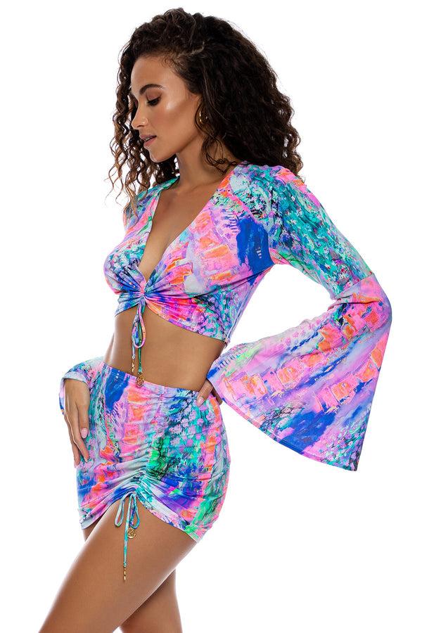 Luli Fama SHE'S ELECTRIC - Bell Sleeve Scrunched Crop Top & Scrunch Up Mini Skir – Luli Fama