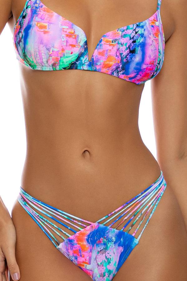 Luli Fama SHE'S ELECTRIC - V Splice Bralette & Strappy Ruched Back Bottom • Mult – Luli Fama