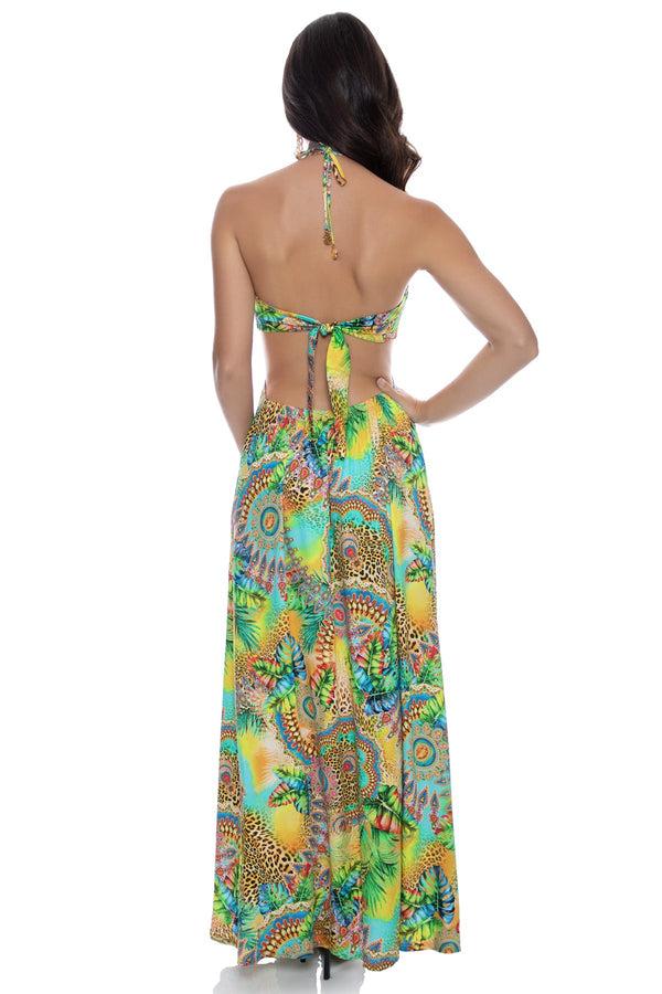 Luli Fama SUN STONES - Bandeau Cut Out Front Slit Dress • Multicolor – Luli Fama