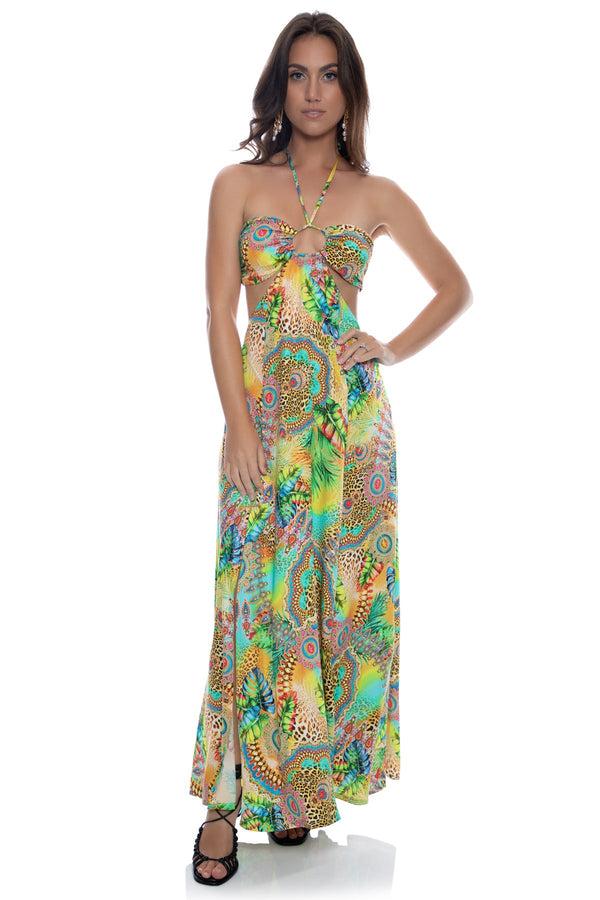 luli fama SUN STONES - Bandeau Cut Out Front Slit Dress • Multicolor – Luli Fama