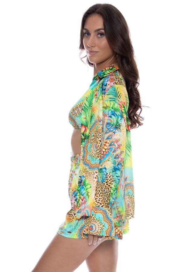 Luli Fama SUN STONES - Button Down Deep Cuff Blouse & High Waist Elastic Shorts – Luli Fama