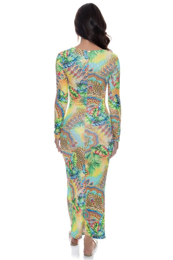 Luli Fama SUN STONES - Long Sleeve Keyhole Cut Out Maxi Dress • Multicolor – Luli Fama