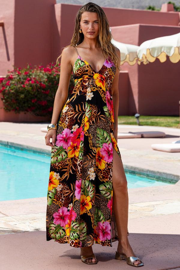 luli fama VISIONS OF PARADISE - Chain Bralette Side Slit Maxi Dress • Multi Blac – Luli Fama