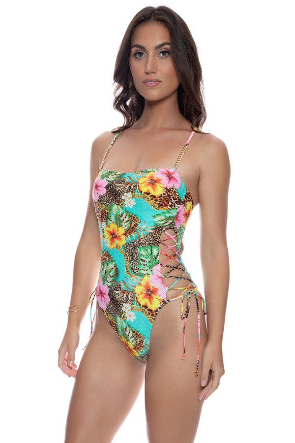 Luli Fama VISIONS OF PARADISE - Chain Square Neck Laced Up One Piece • Multicolo – Luli Fama