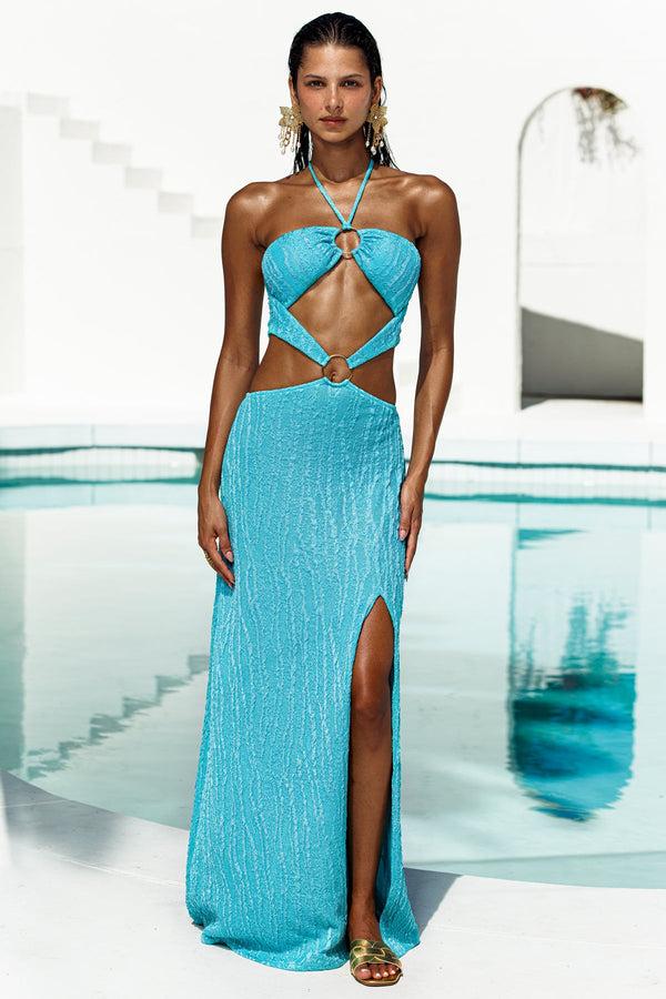 luli fama WAVE CHASER - Double Loop Bandeau Long Dress • Aqua – Luli Fama