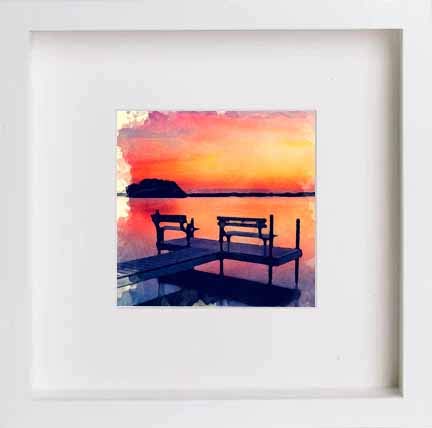 lumartos Vintage Benches At Sunset Sea View – White Frame Wall Art – Framed Wall Art Print by Lumartos Premium Home Décor