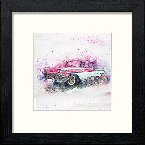 lumartos Vintage Pink Car – Black Wood Frame Wall Art – Framed Wall Art Print by Lumartos Premium Home Décor
