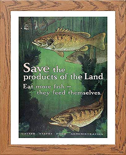 lumartos Vintage Poster Save The Products Of The Land Eat More Fish – Wood F – Framed Wall Art Print by Lumartos Premium Home Décor