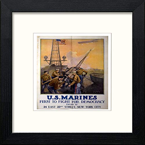 lumartos Vintage Poster US Marines First To Fight For Democracy – Black Wood – Framed Wall Art Print by Lumartos Premium Home Décor