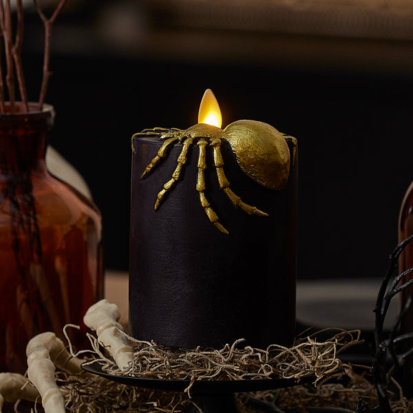 luminara Black and Gold Spider Flameless Candle Pillar