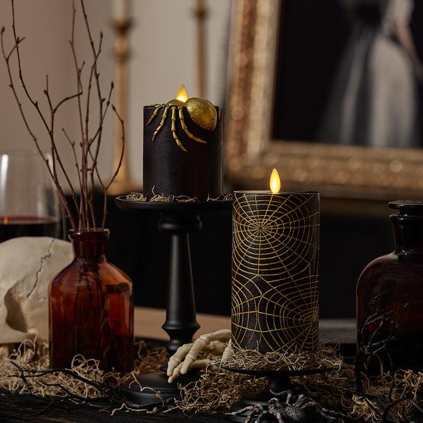 Luminara Black And Gold Spider Web Flameless Candle Pillar