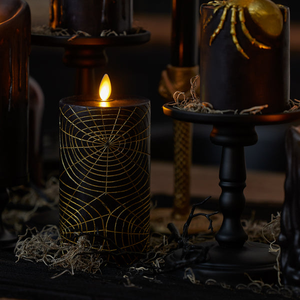 Luminara Black And Gold Spider Web Flameless Candle Pillar