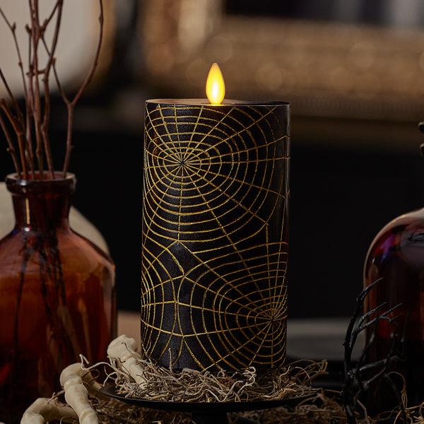 luminara Black and Gold Spider Web Flameless Candle Pillar