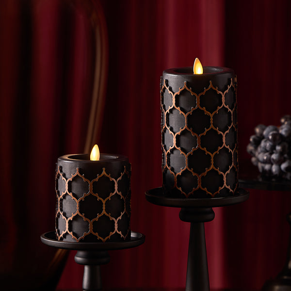 Luminara Black Embossed Fretwork Flameless Candle Pillar