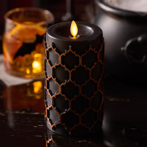 Luminara Black Embossed Fretwork Flameless Candle Pillar