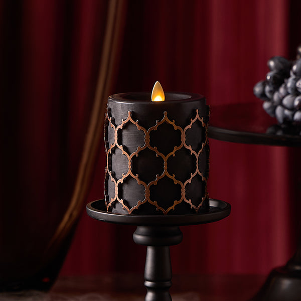 luminara Black Embossed Fretwork Flameless Candle Pillar