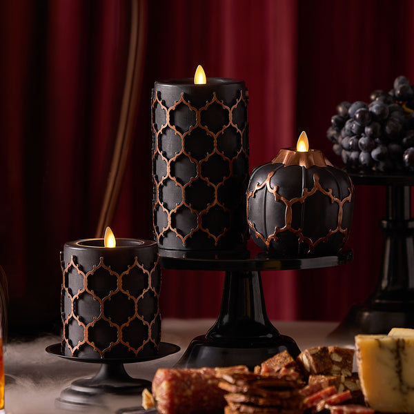 Luminara Black Embossed Fretwork Flameless Candle Pumpkin