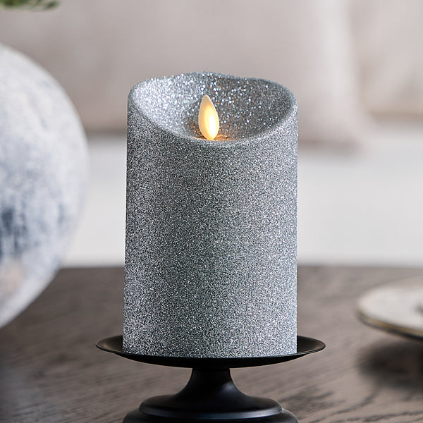 luminara Brilliant Silver Glitter Flameless Candle Pillars