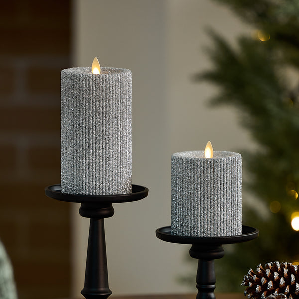 Luminara Brilliant Silver Glitter Ribbed Flameless Candle Pillar