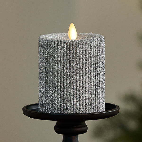 luminara Brilliant Silver Glitter Ribbed Flameless Candle Pillar