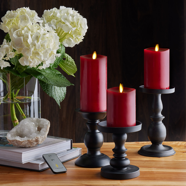 Luminara Burgundy Flameless Candle Pillars With Remote - Melted Top - Set Of 3