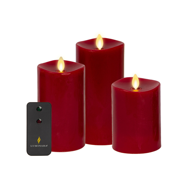 Luminara Burgundy Flameless Candle Pillars With Remote - Melted Top - Set Of 3