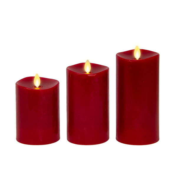 Luminara Burgundy Flameless Candle Pillars With Remote - Melted Top - Set Of 3