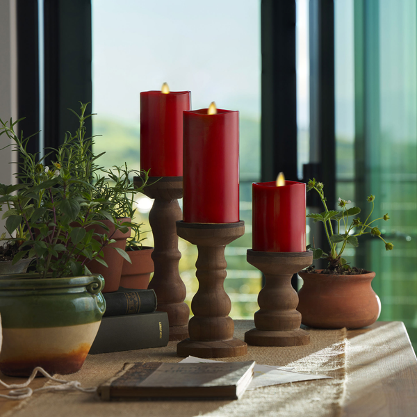 luminara Burgundy Flameless Candle Pillars with Remote - Melted Top - Set of 3