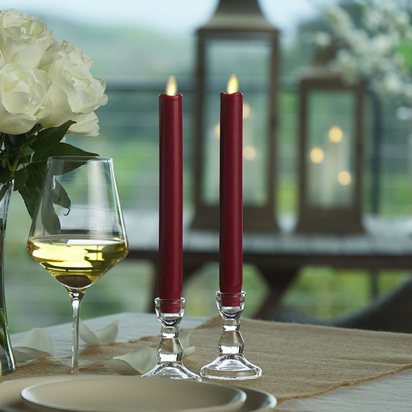 luminara Burgundy Flameless Candle Tapers - Melted Top - 9.5" Height - Set of 2
