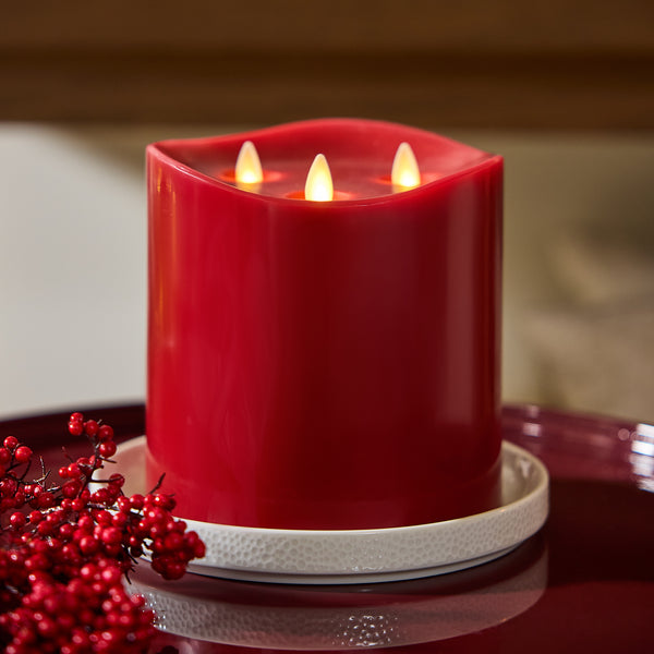 luminara Burgundy Flameless Candle Tri-Flame Grand Pillar - Melted Top