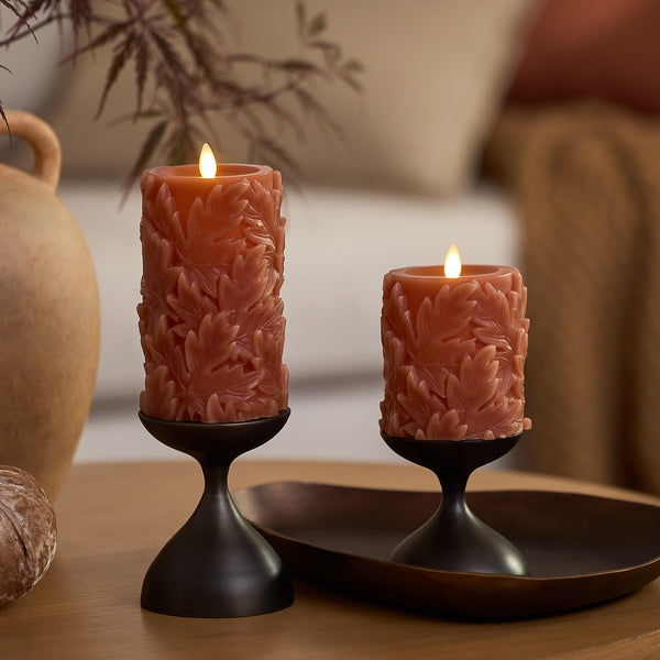 Luminara Caramel Café Embossed Leaves Flameless Candle Pillars