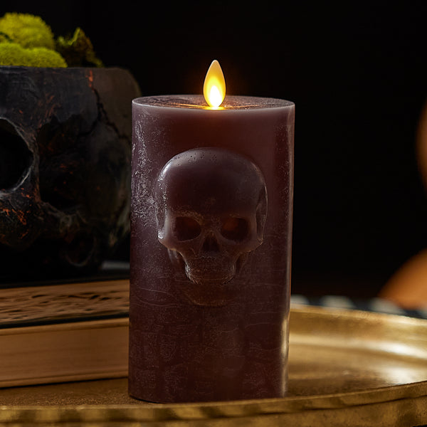 luminara Dark Chocolate Chalky Flameless Candle Skull Pillar