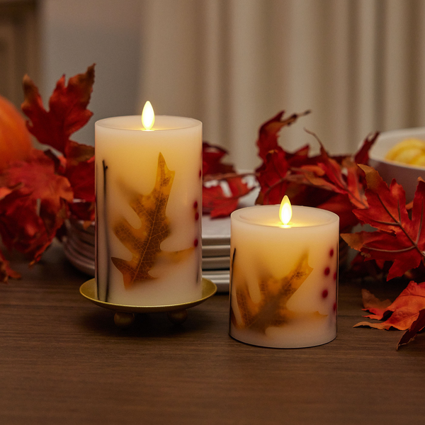 Luminara Embedded Fall Leaves & Twigs Flameless Candle Pillar