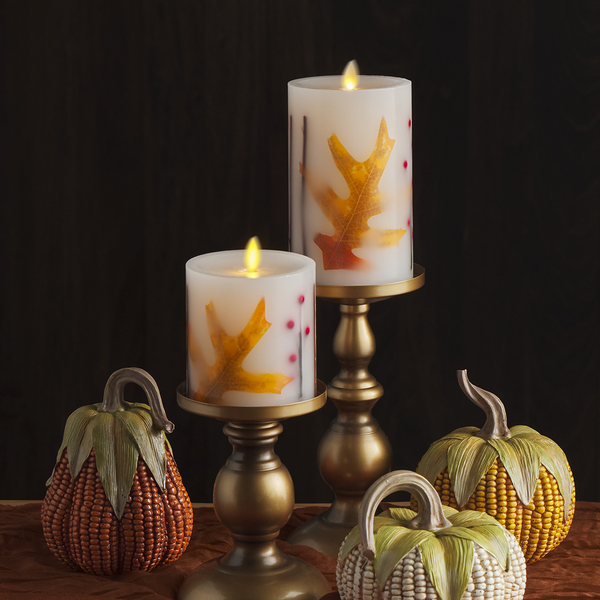 Luminara Embedded Fall Leaves & Twigs Flameless Candle Pillar