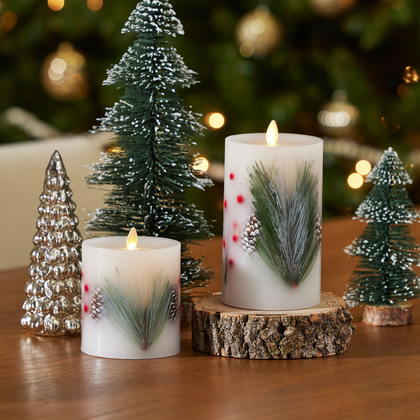Luminara Embedded Pine Berries & Pinecones Flameless Candle Pillar
