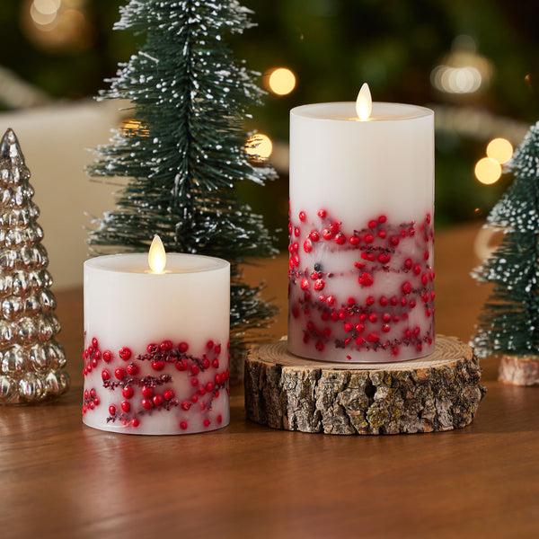 Luminara Embedded Red Berries Flameless Candle Pillar