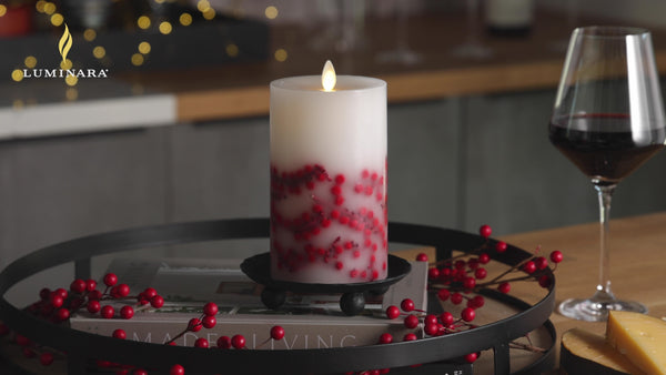 Luminara Embedded Red Berries Flameless Candle Pillar