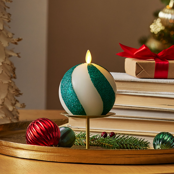 luminara Green Candy Cane Glitter Stripe Flameless Candle Sphere