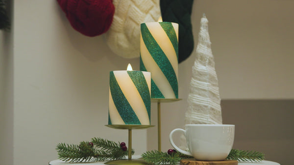 Luminara Green Candy Cane Glitter Stripe Flameless Candle Tapers - Set Of 2